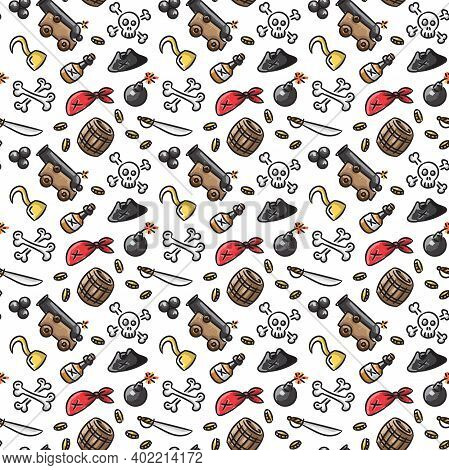 Pirate Theme Vector Seamless Pattern. Creative Doodle Style Pattern With Pirates Cannon, Cocked Hat,