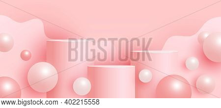 Trendy Empty Mock Up Scene With Podium Or Platform, Flying Bubble Geometric Shapes On Pink Backgroun