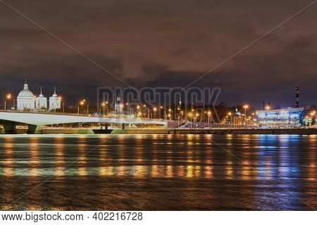 Alexander Nevsky Bridge Across The Neva And Lavra Rivers. Russia, Saint Petersburg, Night City Lands