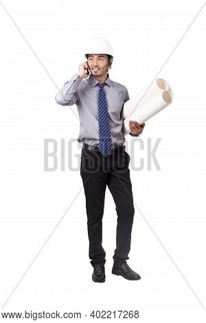 Construction Management Holding Blueprints And Using Phono High Quality Photo