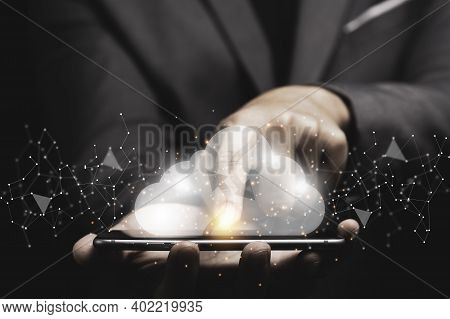 Cloud Computing Technology Transformation Concept, Businessman Touching On Virtual Cloud Computing F