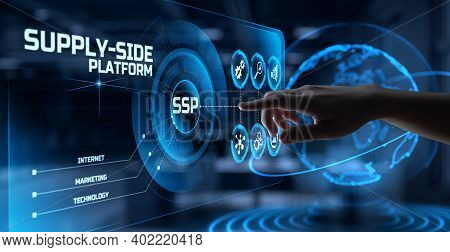 Ssp Supply Side Platform Digital Marketing Internet Advertising Concept. Hand Pressing Button On Scr