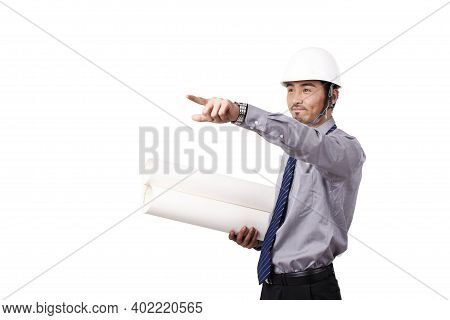 Construction Management Holding Blueprints And Using Phono High Quality Photo