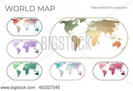 Low Poly World Map Set. Natural Earth Projection. Collection Of The World Maps In Geometric Style. V
