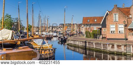 Panorama Of Wooden Ships In The Historic Harbor Of Spakenburg, Netherlands