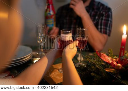 Photo Of Taditional Typical Czech Christmas Dinner With Toast Drink With Blury People.