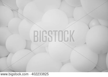 A Lot Of White Balloons, Background. Many White Balloons, Inflatable Balls, Background Of White And 