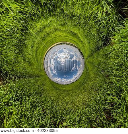 Blue Little Planet. Inversion Of Tiny Planet Transformation Of Spherical Panorama 360 Degrees. Spher