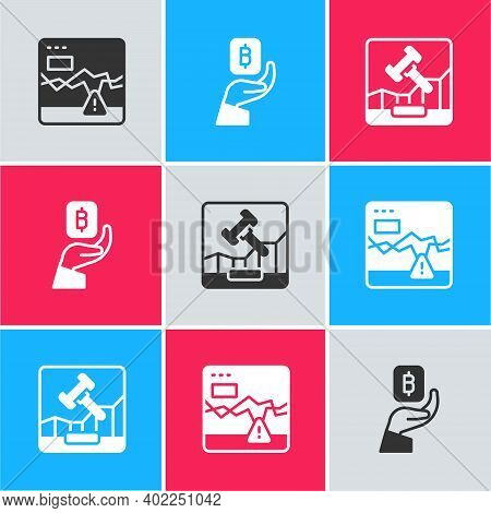 Set Failure Stocks Market, Hand Holding Bitcoin And Online Internet Auction Icon. Vector