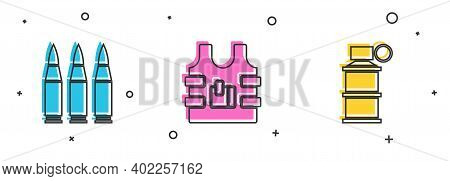 Set Bullet, Bulletproof Vest And Hand Smoke Grenade Icon. Vector