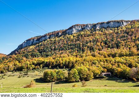 French Countryside. Leoncel: View Of The Heights Of The Vercors, The Marly Hills And The Valley Val 
