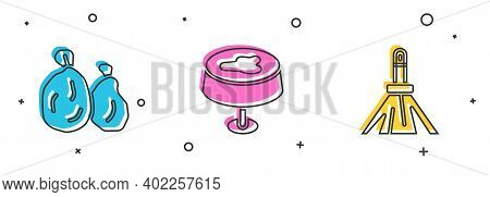 Set Garbage Bag, Stain On The Tablecloth And Handle Broom Icon. Vector