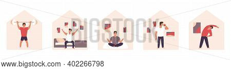 Quarantine Activities. Relax Yoga Sport Flat Contept. Stay Home Lockdowd Concept.