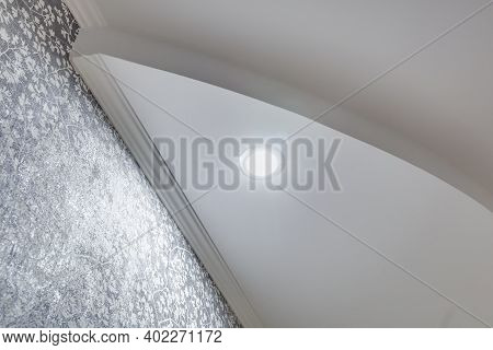 Detail Of Corner Ceiling With Intricate Crown Molding. Suspended Ceiling And Drywall Construction In