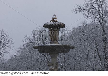 Madrid, Spain - January 07, 2021: A Detail Of The Famous Alcachofa Fountain, In The Buen Retiro Park