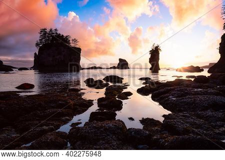 Dreamy Magical View Of Colorful Sunset On The Pacific Ocean Coast. Taken At Cape Flattery In Neah Ba
