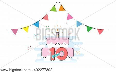 10 Years. Cake With A Candle And Colored Flags For Congratulations On A Birthday, Holiday, Wedding O