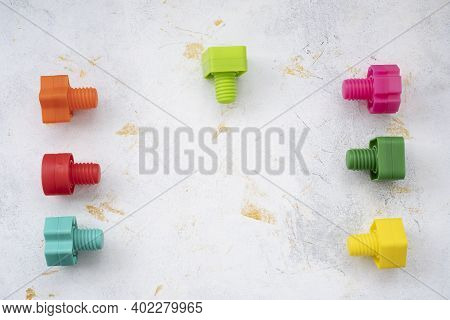 Mock Up Background Educational Constructor For Children, Nuts And Bolts In The Form Of Geometric Sha