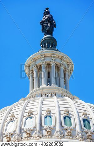 WASHINGTON D.C., USA - JULY 30, 2020: United States Capitol Building in Washington DC. US federal monument in capital. Federal lawmakers house.  Legislation concept.