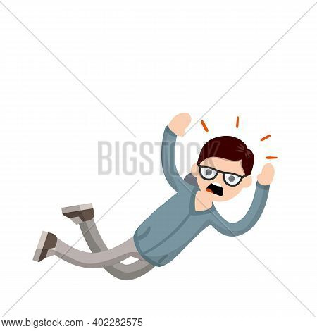 Horror And Fear Of Heights - Phobia Acrophobia. Cartoon Flat Illustration. Drop Young Nerd Guy