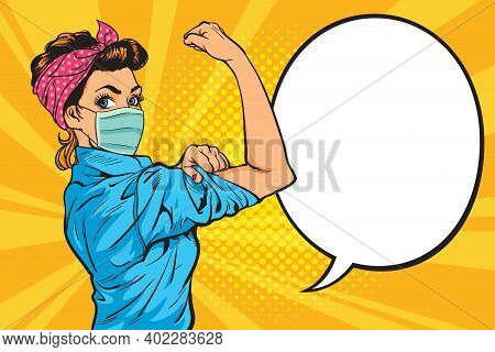 We Can Do It Pop Art Strong Girl.female Wearing Protective Medical Mask For Prevent