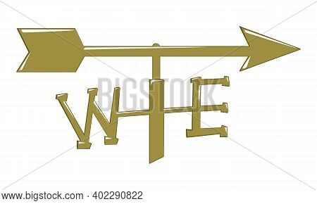 Gold Weather Vane Showing West And East. Vector Illustration