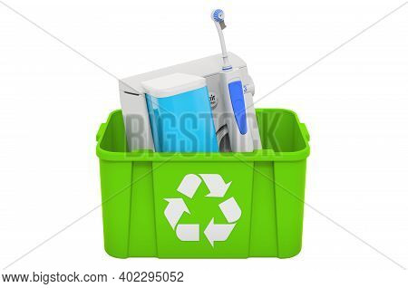 Recycling Trashcan With Water Flosser, 3d Rendering Isolated On White Background