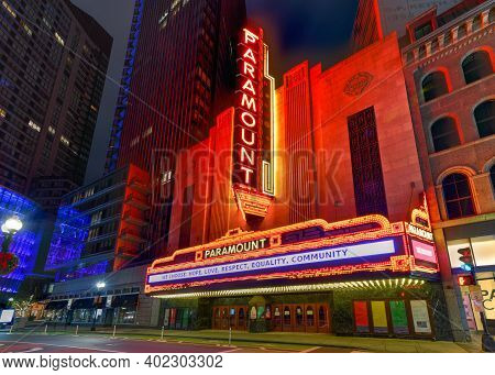 Boston, Massachusetts - Nov 27, 2020: The Paramount Theater, Along Washington Street In Boston, Mass
