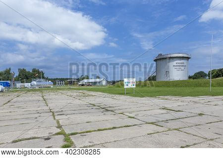 Usedom, Germany - August 5, 2015:  Silo With Flammable Oil (roherdoel Feuergefaehrlich) Danger Class
