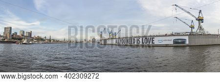 Hamburg, Germany - Aug 2, 2017: View To Entrance Of Harbor And View To Terminal With Painting All Yo