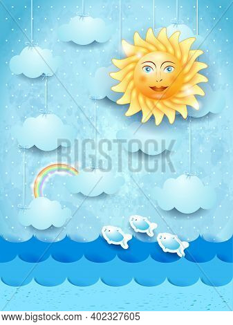 Summer Landscape With Hanging Clouds And Happy Sun. Vector Illustration Eps10