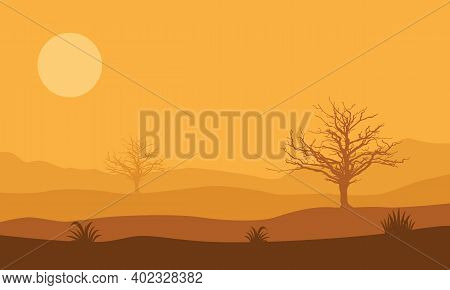 Beautiful Views Of Trees And Mountains In The Desert. Vector Illustration
