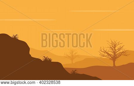The Atmosphere Of The Afternoon Scenery In The Desert. Vector Illustration