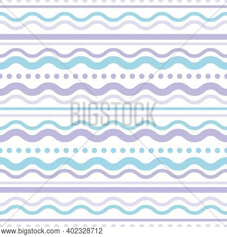 Wavy Purple And Blue Wavy Lines And Dots. Seamless Texture With White Rolling Ornament On White Back