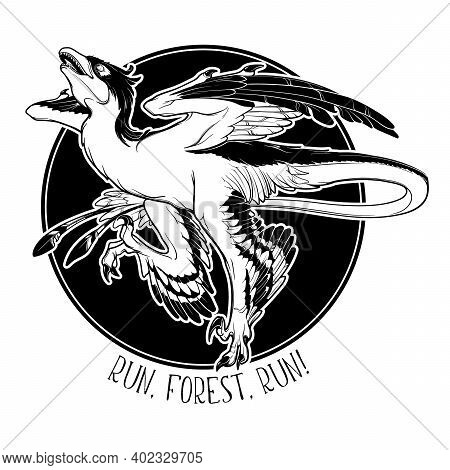 Hunting Microraptor. Black Linear Hand Drawing Isolated On A White Background. Round Sticker. Eps10 