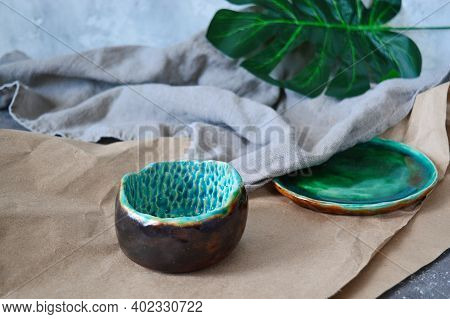 Clay Plates, Handmade Bowls In Wabi Sabi Style. Handmade Ceramic Dishes. Clay Dishes. Ecology Concep
