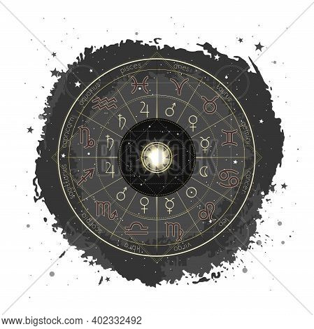 Vector Illustration With Horoscope Circle, Zodiac Signs And Pictograms Astrology Planets On A Grunge