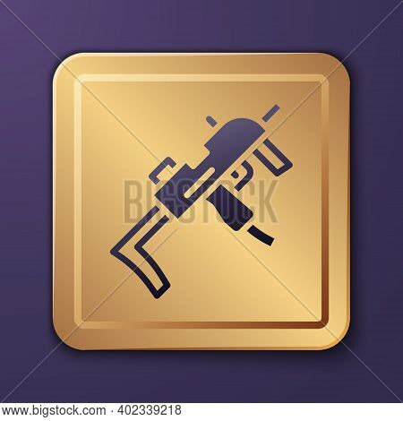 Purple Mp9 Submachine Gun Icon Isolated On Purple Background. Automatic Weapon. Gold Square Button. 