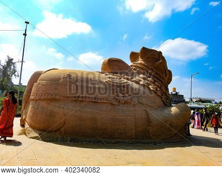 Closeup Of Beautiful Huge Or Big Lord Shiva Vehicle Nandi, Basava In A Blue Sky Background