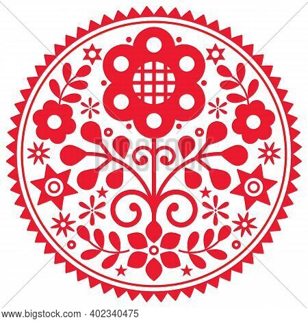 Polish Folk Art Vector Mandala Design With Flowers With Frame Inspired By Traditional Highlanders Em