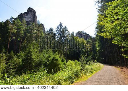 Sandstone rock in Hruboskalsko Nature Reserve, Bohemian Paradise (Cesky Raj), Czechia. Summer landscape in sunny day.