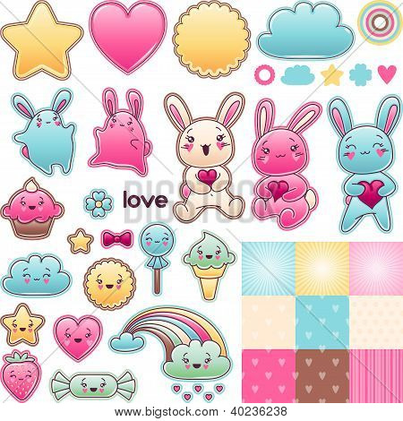 Kawaii karalamalar ile dekoratif tasarım öğeleri kümesidir.