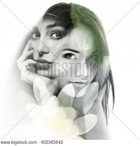 Beautiful young women, double exposure portrait. Girls in love. 