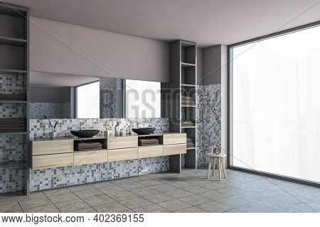 Grey And Pink Bathroom With Two Black Sinks And Mirror, Side View. Wooden Drawers And Shelves With T
