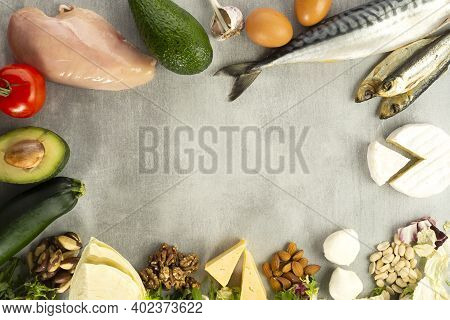 Ketone Diet Foods On Gray Background With Place For Text, Ketone Diet