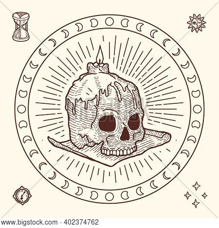 Gipsy Style Magic Symbol Of Human Skull With Wax Candle. Engraving Style, Hippie And Vintage. Astrol