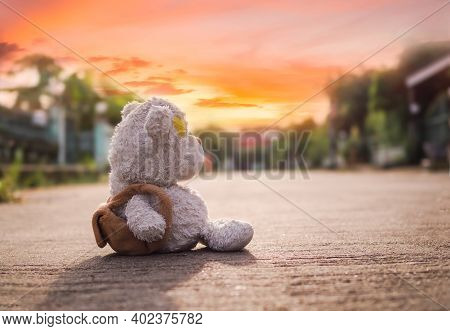 Broken Heart Concept. Alone Teddy Bear Sitting On Road With Sun Set. Conveys A Lonely Mood, Chagrin,