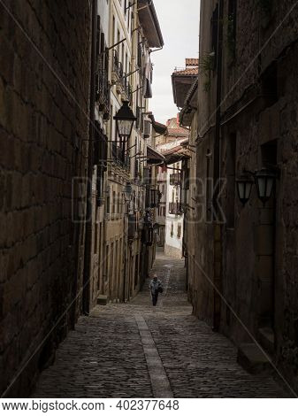 Old Historical Buildings Facades In Narrow Cobblestone Streets Alley Lane In Hondarribia Fuenterrabi