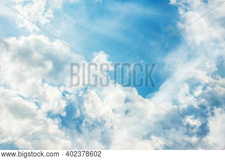 Heaven Background. Cloudy Sky Background. Peaceful Bright Blue Sky Texture. Fluffy Clouds On The Sky