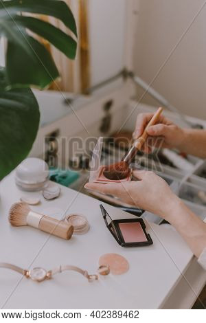 Everyday Beauty Routine. Make Up Artist. Dressing Vanity. Women's Hands. Pastel Colors. In Front Of 